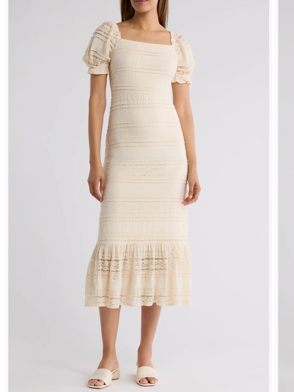 Eliza J Puff Sleeve Square Neck Midi Dress Cream Lace